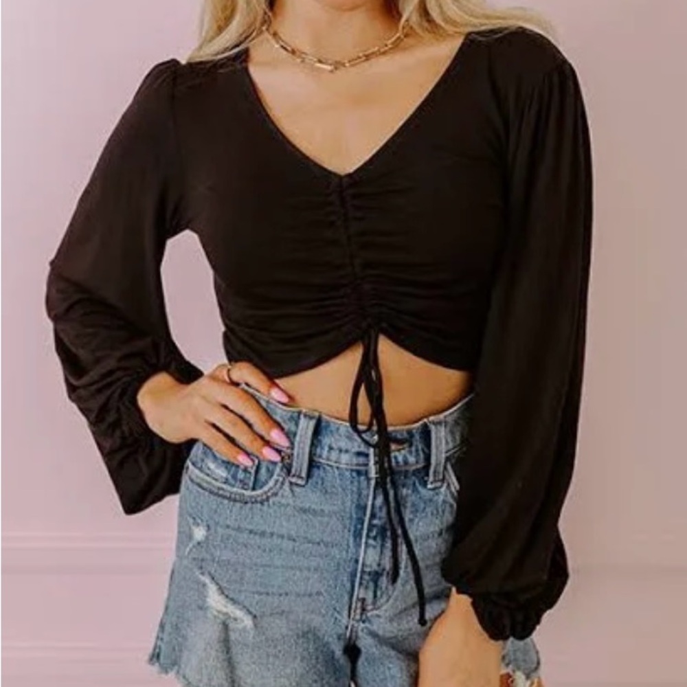 Vintage Taroo Black Ribbed Knit Front Cinch Tie Long Sleeve Crop Top Size Medium